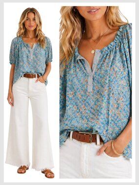 Free People Peasant Top Aqua Floral Smocked Button Front S